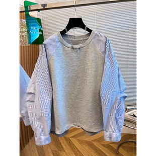 季 正肩卫衣女冬季 新 下单前请看实物浅蓝色格子插肩袖 改良款