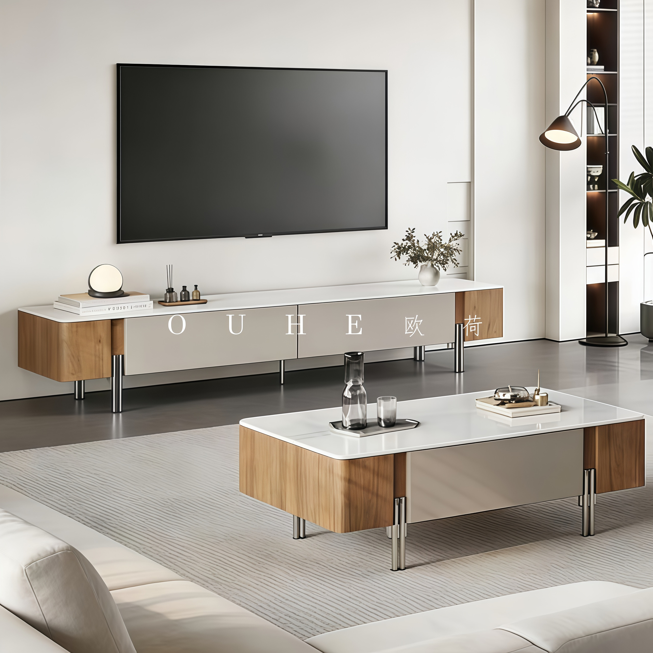 现代简约微晶石茶几实木电视柜组合客厅储物整装家用的品质奢华型