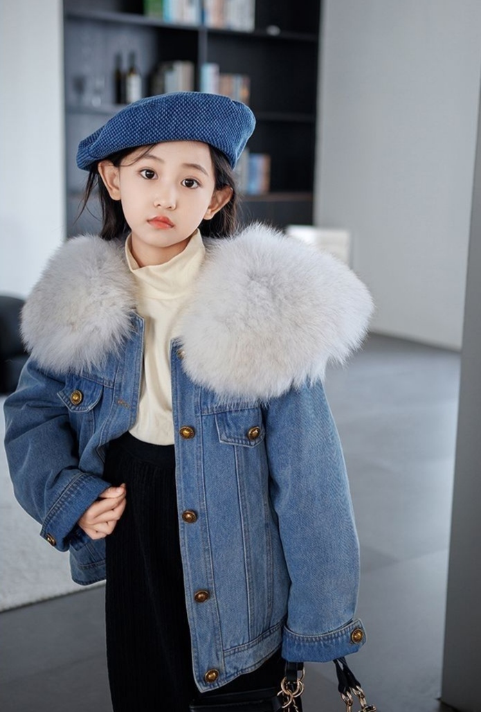 儿童90白鸭绒牛仔派克服真狐狸毛打孔特大毛领做工好时尚芭莎保暖