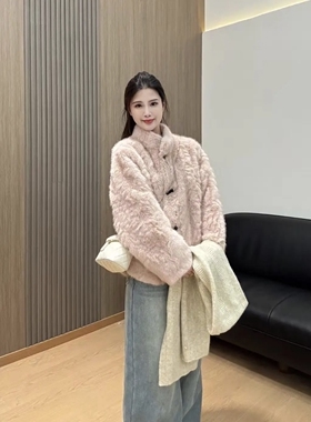 仿水貂花狐环保皮草皮毛一体开学新中式外穿清仓公主风加厚牛角扣