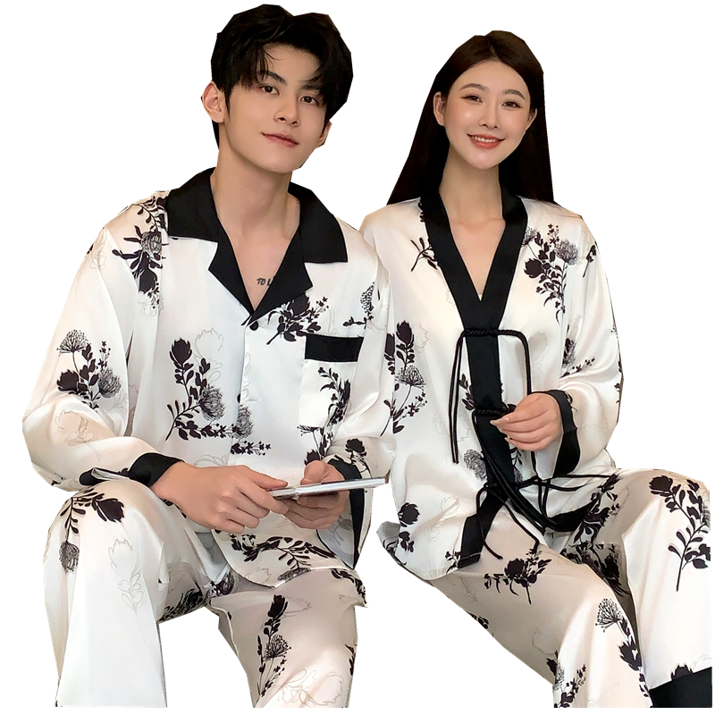 睡衣情侣薄款夏天冰丝高级感家居服男女长袖仿真丝绸大码春秋套装