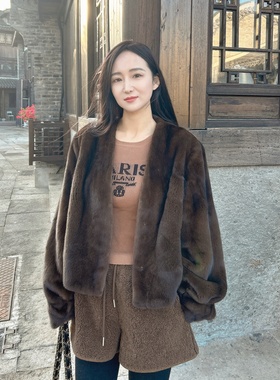 CIWEN FUR 紫标级天鹅绒小母貂V领极简风女短装水貂皮草