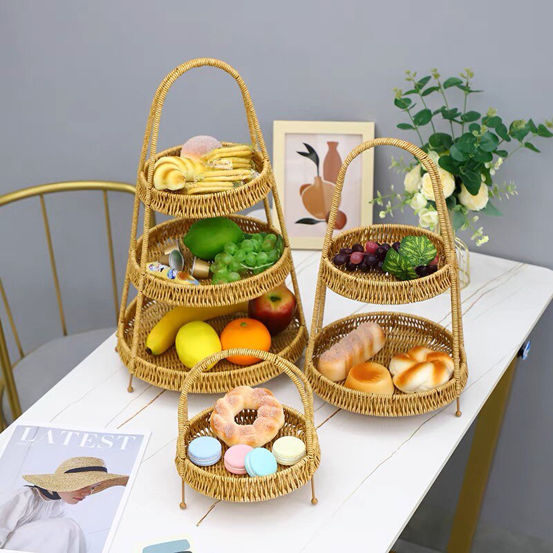 创意多层水果盘欧式干果盘仿藤编火锅零食提篮KTV糖果下午茶托盘
