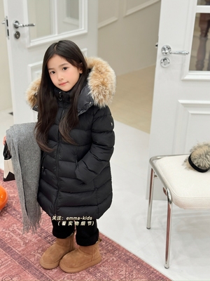 25冬季新款女童黑色大毛领连帽中长款羽绒服白鸭绒收腰厚羽绒外套