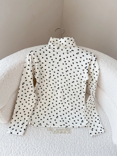 2025秋冬新款女童樱桃印花纯棉打底衫波点高领长袖T恤童柔软上衣