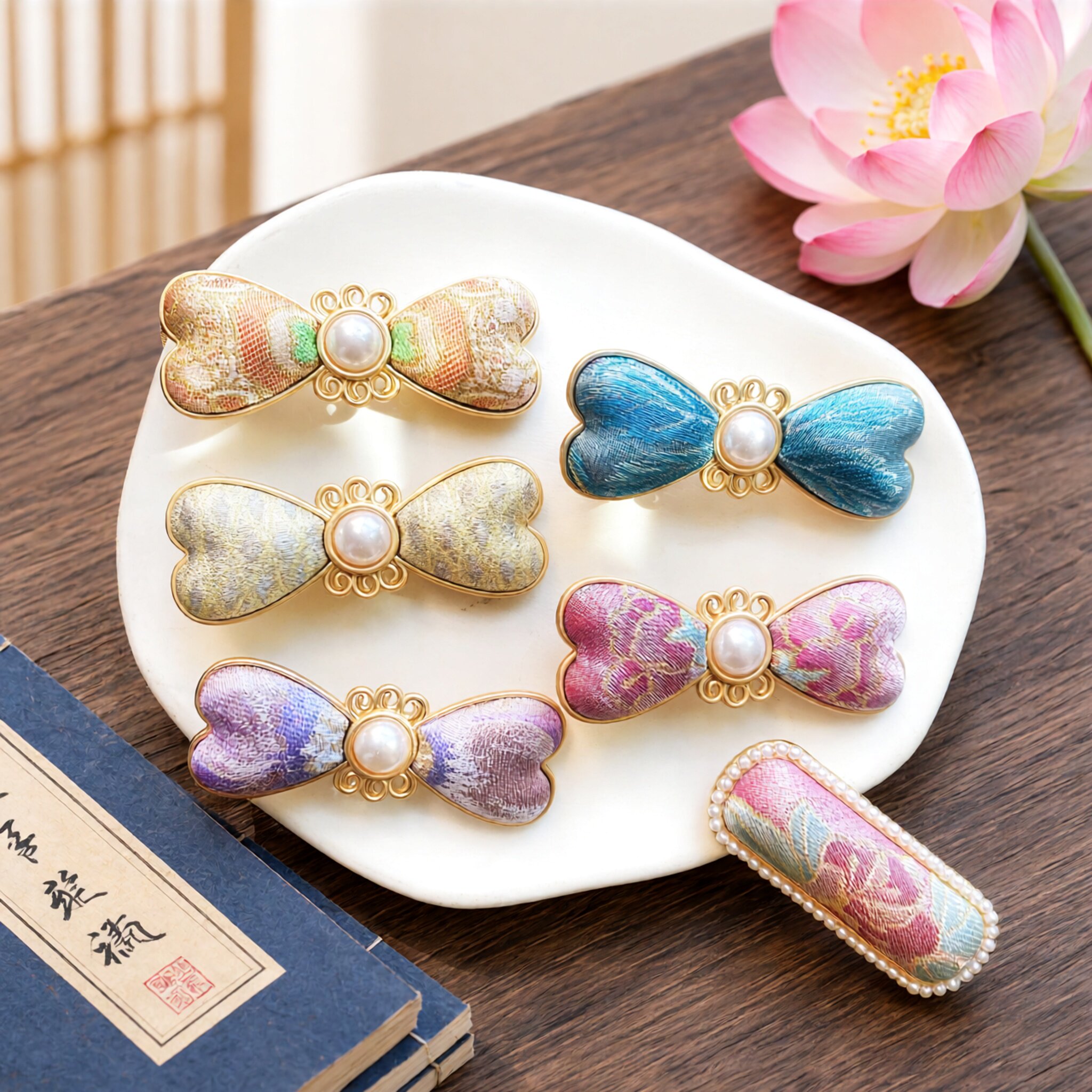 珍珠蝴蝶结发夹女宋锦百搭爱心造型发饰多色金属框架夹子头饰