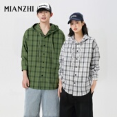 棉致格子衬衫 男夏季 防晒连帽衬衣慵懒风休闲外套男女情侣上衣M