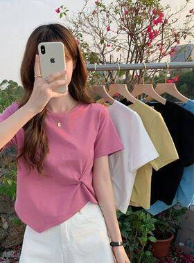 大码女装胖mm显瘦不规则短袖T恤女夏时尚百搭扭结遮肚正肩上衣