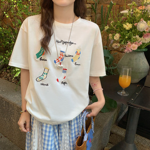慵懒风宽松显瘦薄款 圆领短袖 新款 T恤女2025年夏季 刺绣上衣 女装