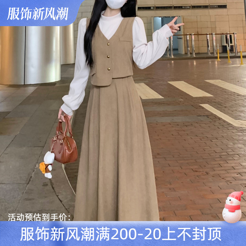 大码时尚气质假两件拼接不规则连衣裙秋冬法式复古灯芯绒加厚长裙
