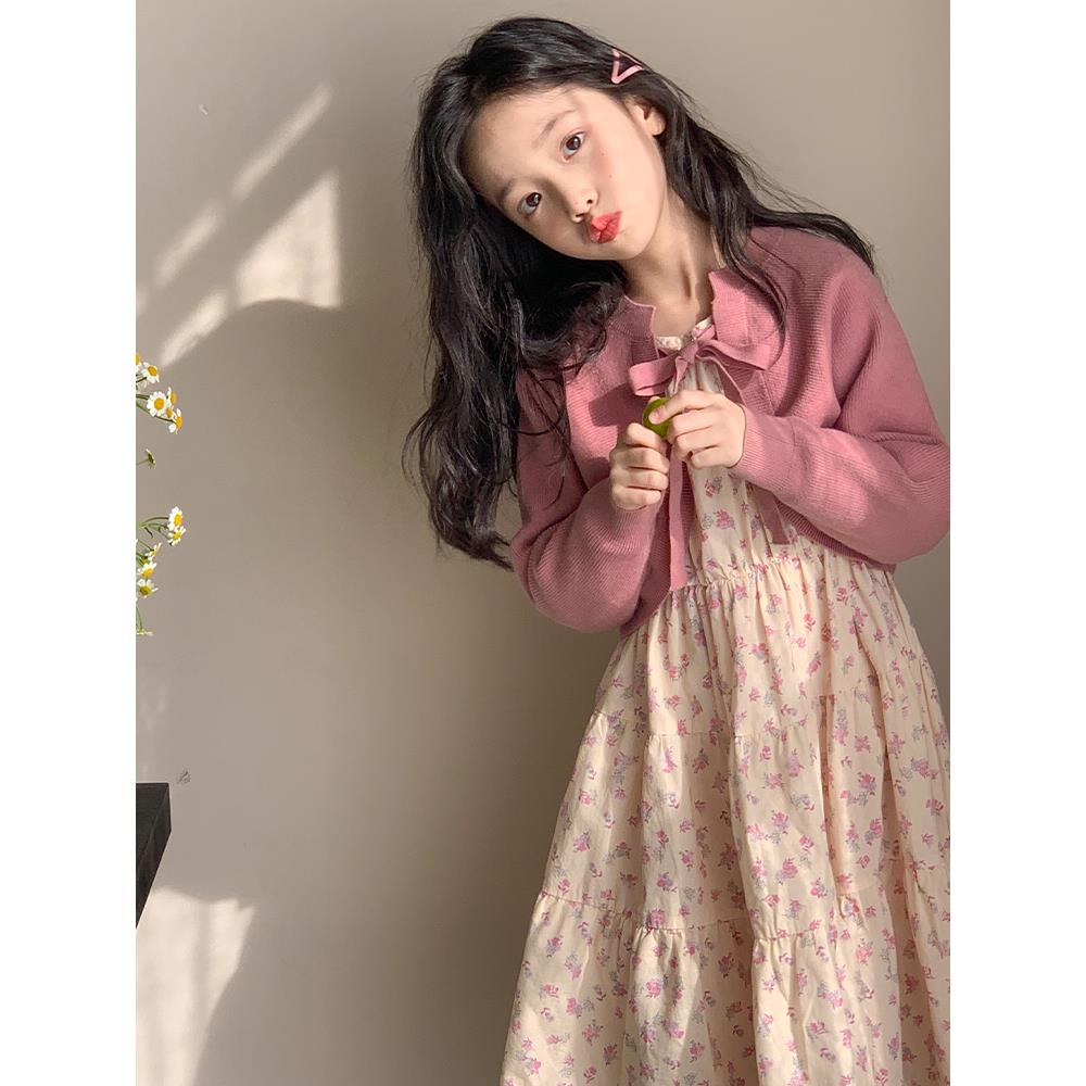 女童连衣裙春秋款2025新款儿童碎花裙子针织外套早春花朵裙子洋气