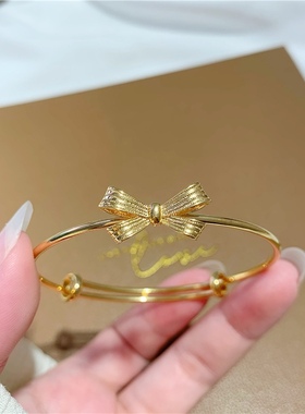 蝴蝶结推拉手环女轻奢高级感小众设计越南沙金仿真黄金亮面手镯潮