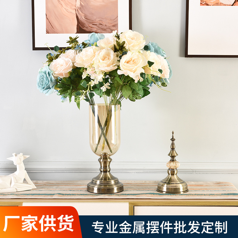 欧式花瓶摆件客厅插花仿真花玻璃家居饰品装饰盘简约餐桌客厅摆设
