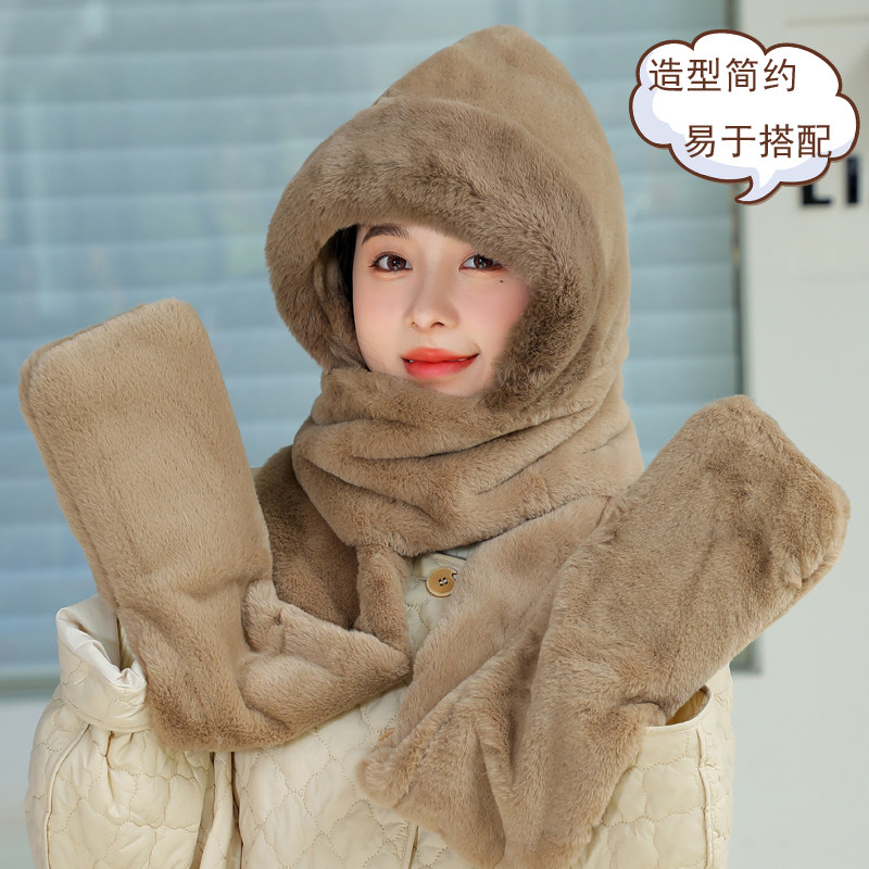 2024新款帽子围巾一体女秋冬季保暖大围脖三件套毛绒简约护耳连帽