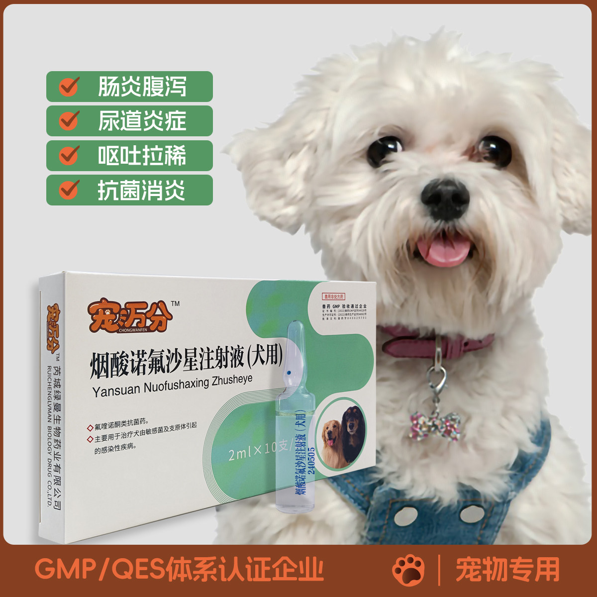 宠万分烟酸诺氟沙星注射液宠物狗猫用支原体感染肠炎腹泻呕吐拉稀