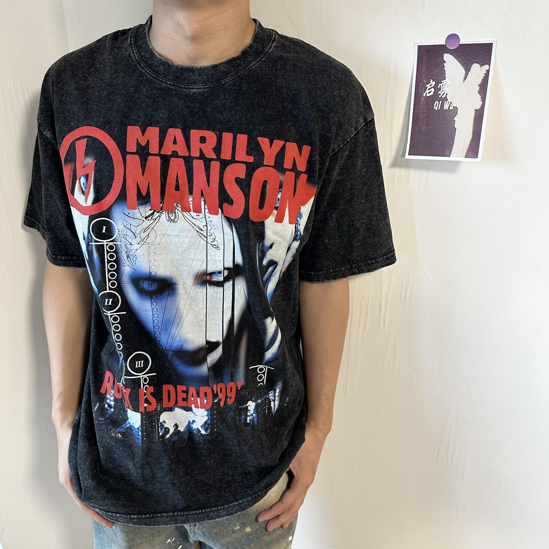 现货！重工款Vtg闪电曼森短袖高街美式复古白墨直喷T恤男女款上衣