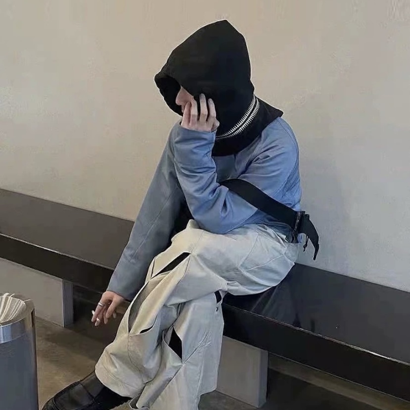 uc锯齿帽头套黑色摇粒绒高街刺绣小众帽子围脖一体秋冬冷帽复古款