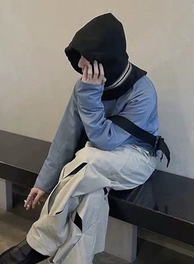 uc锯齿帽头套黑色摇粒绒高街刺绣小众帽子围脖一体秋冬冷帽复古款