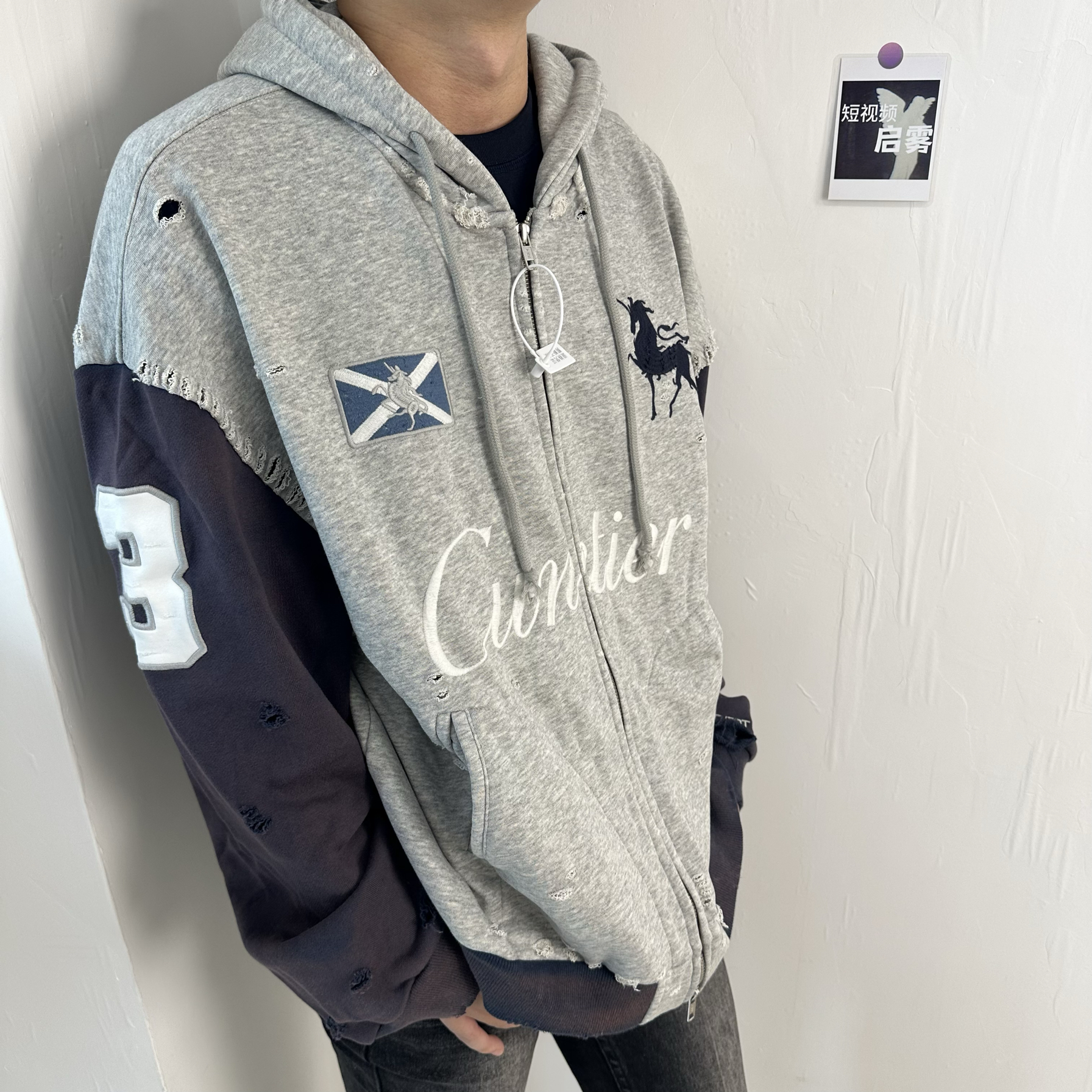 Grailz project 25ss水洗拼接破坏做旧刺绣战马拉链卫衣外套男女