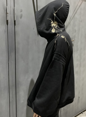 haider HA金花刺绣金线连帽卫衣复古做旧欧美风高街潮休闲男女款