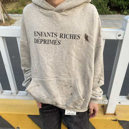 重工款erd忧郁的富二代24ss经典标语虫洞破坏泼墨连帽卫衣男女款