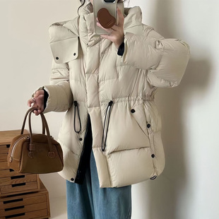 高品质泡芙连帽鸭绒收腰羽绒服女中长款修身保暖外套冬装2025新款