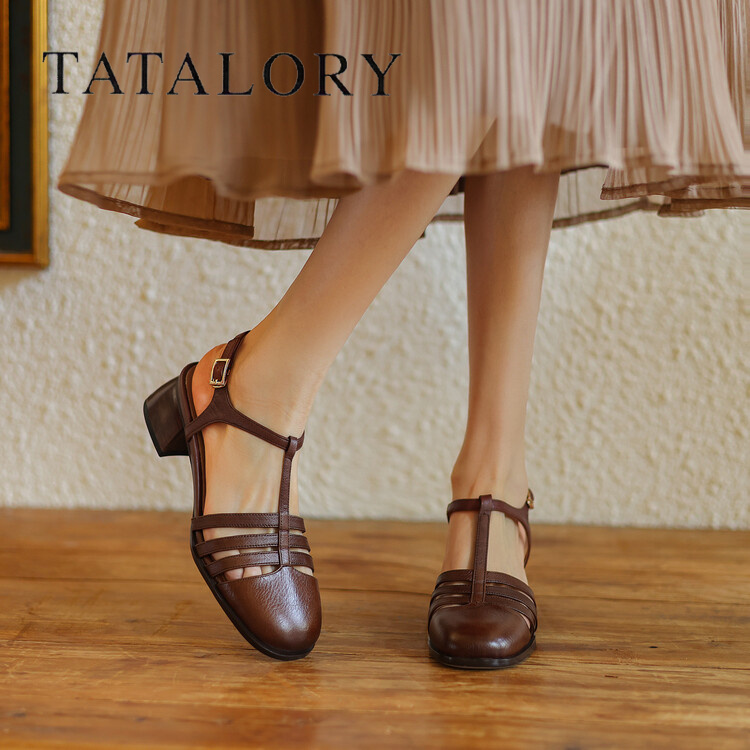 TATALORY复古粗跟编织包头凉鞋女
