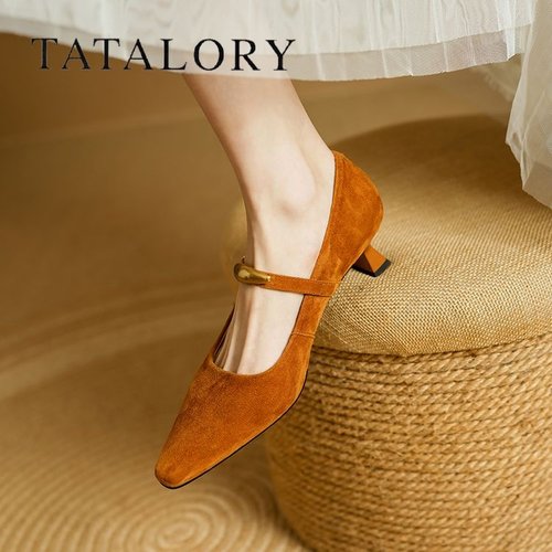 TATALORY复古绒面一字带玛丽珍鞋