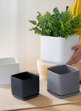 北欧轻奢陶瓷花盆带托盘方形圆柱形网红创意绿植花卉绿萝多肉简约