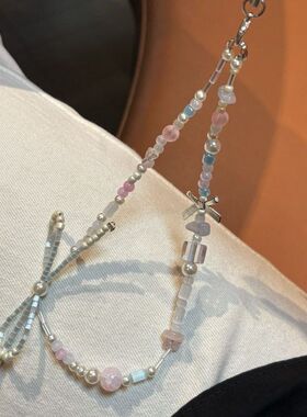 粉蓝色简约蝴蝶结本卡ccd米珠ins册相机手机壳女装饰品咕挂绳