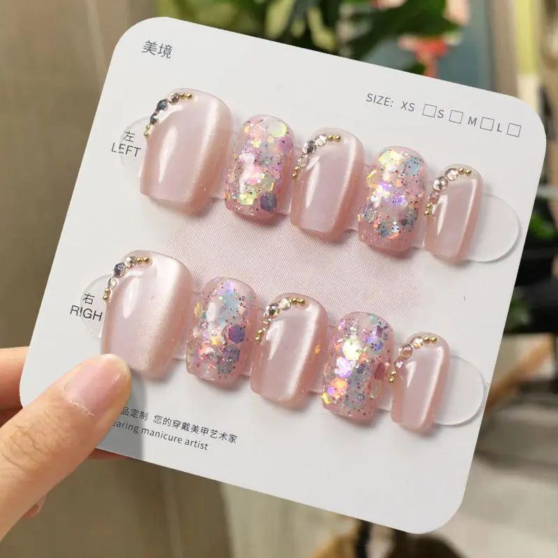 手工儿童美甲穿戴甲高级感短款粉色珐琅金珠假指甲贴片2025年新款