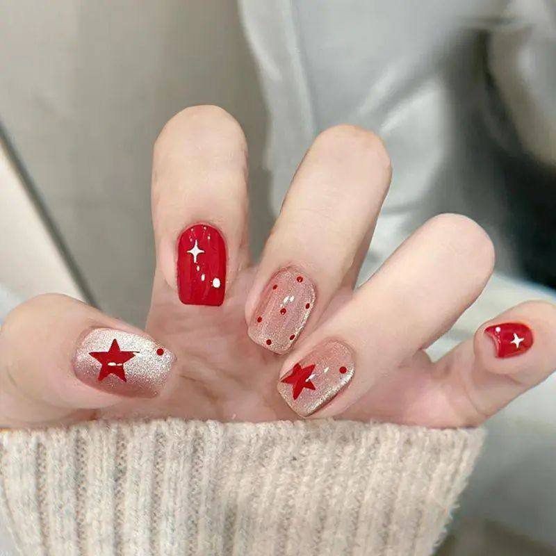 手工儿童美甲穿戴甲感短款红色波点星星假指甲贴片2026年新款,彩妆/香水/美妆工具,美甲工具,淘宝优惠券,粉丝福利购,淘宝优惠卷
