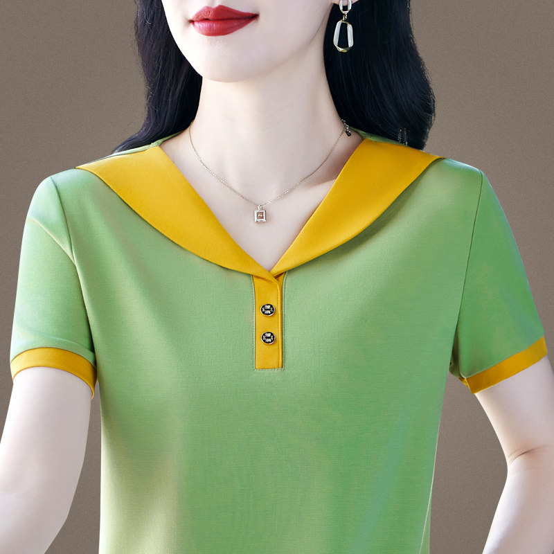 冰丝短袖t恤女夏季2026新款时尚洋气海军领半袖中年百搭宽松上衣