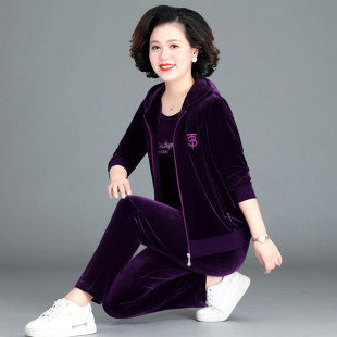春季中老年女装金丝绒套装女连帽外套中年人妈妈洋气春秋装三件套