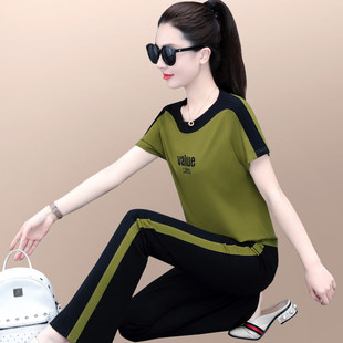 夏季运动服套装女2026年新款宽松洋气妈妈夏装短袖长裤休闲两件套