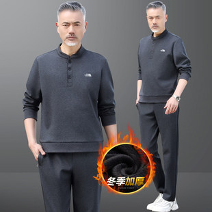 中老年运动服套装男士春秋冬季加绒加厚爸爸装父亲休闲卫衣两件套