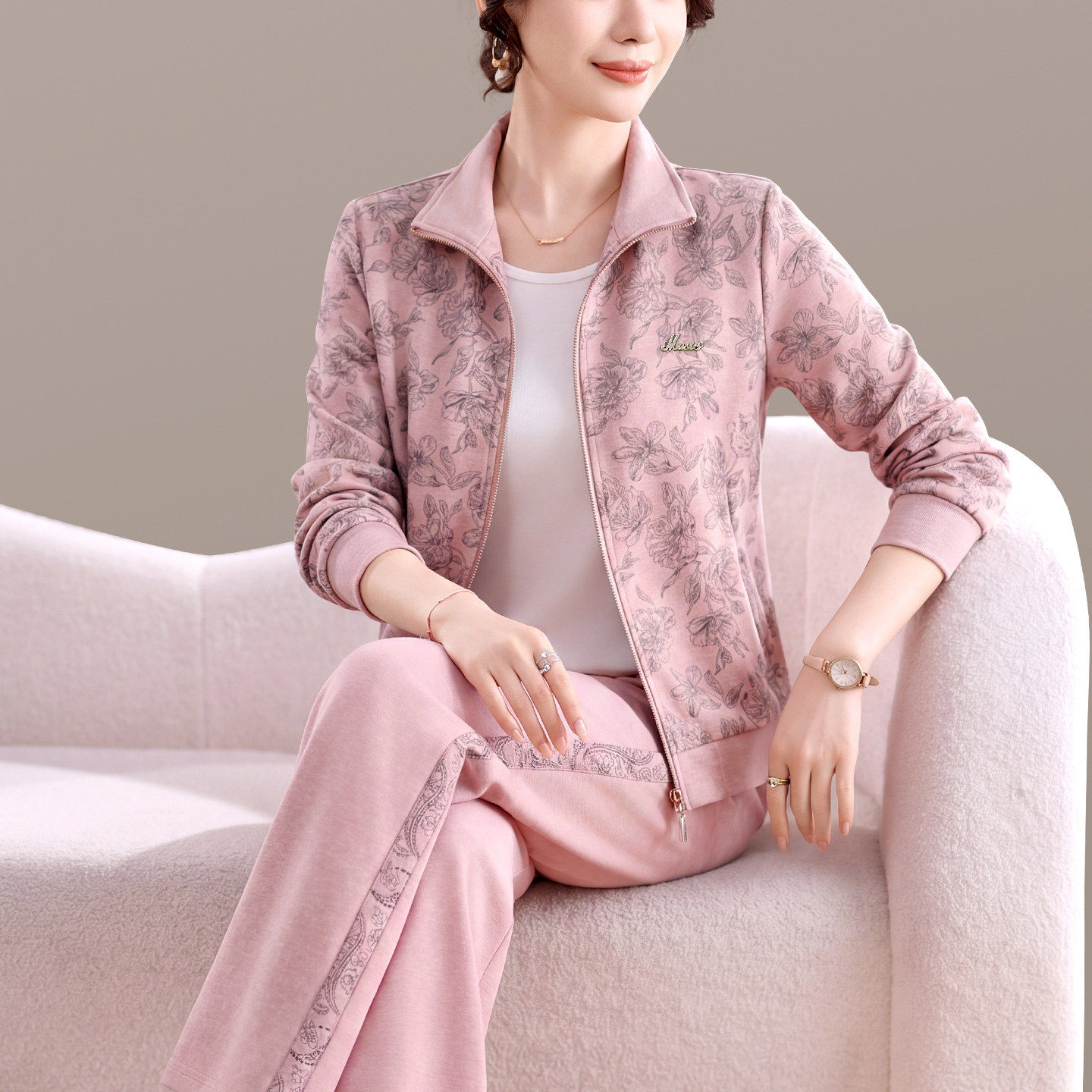 休闲套装女春秋季2026新款时尚宽松洋气女士花色卫衣运动服两件套