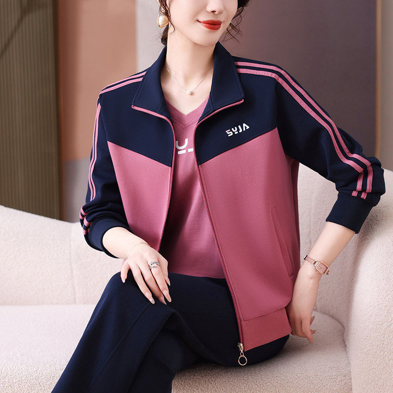 中老年运动服套装女士春秋款三件套2026新款妈妈时尚拼色洋气外套