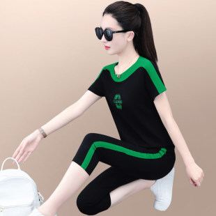 运动套装夏装女2026新款洋气减龄显瘦圆领短袖七分裤休闲服两件套