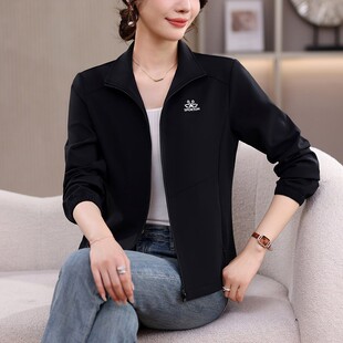 时尚立领外套女春秋季洋气减龄妈妈纯色百搭上衣中年妇女开衫夹克