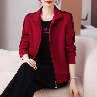 中老年人女装运动套装外套妈妈春秋装开衫洋气休闲宽松上衣三件套