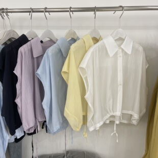 韩国2025无袖简约设计感下摆抽绳短袖衬衫女夏季新款上衣衬衣 潮