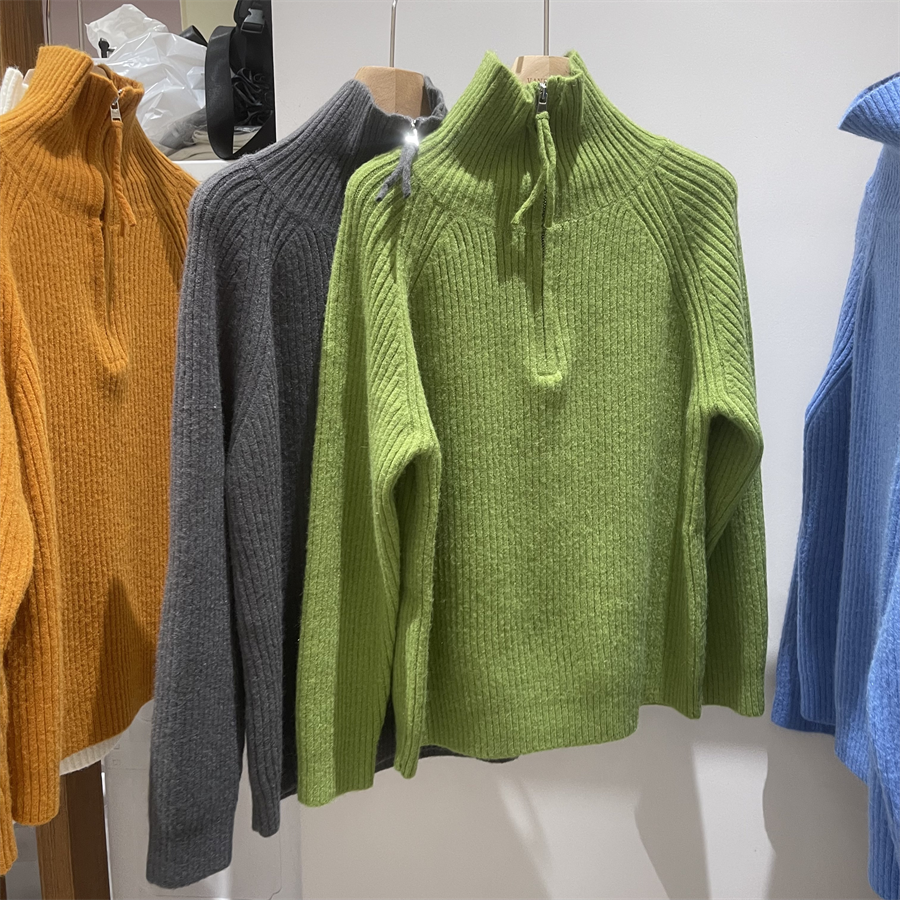 套头针织衫拉链半开领翻领上衣韩