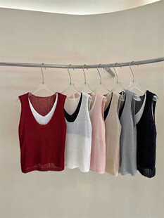 韩国女装小个子时尚韩系针织冰丝背心夏拼色小众无袖上衣假两件潮