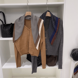 韩系2025新款秋装松弛感短款针织开衫女毛衣外套搭配丝巾两件套潮