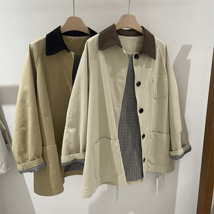 韩国休闲风衣外套女单排扣小个子2026春装新款高级感撞色领子上衣