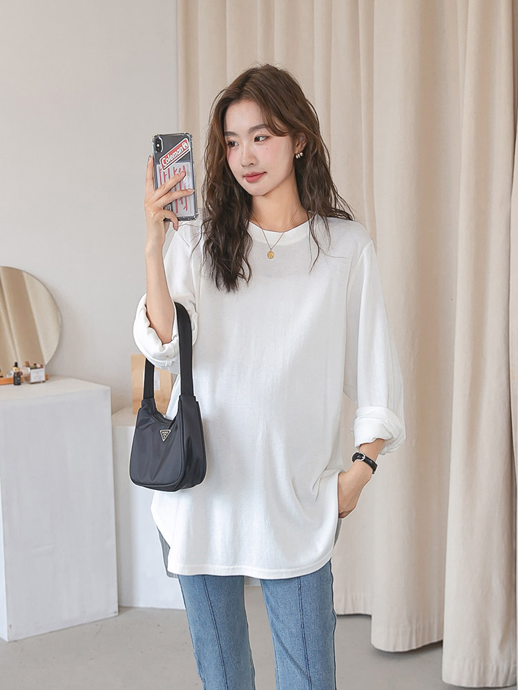 출산복 한국식 흰색 가벼운 판 티셔츠 초가을 운동복 봄과 가을 신상 중간 길이 외출 순면 바닥 셔츠