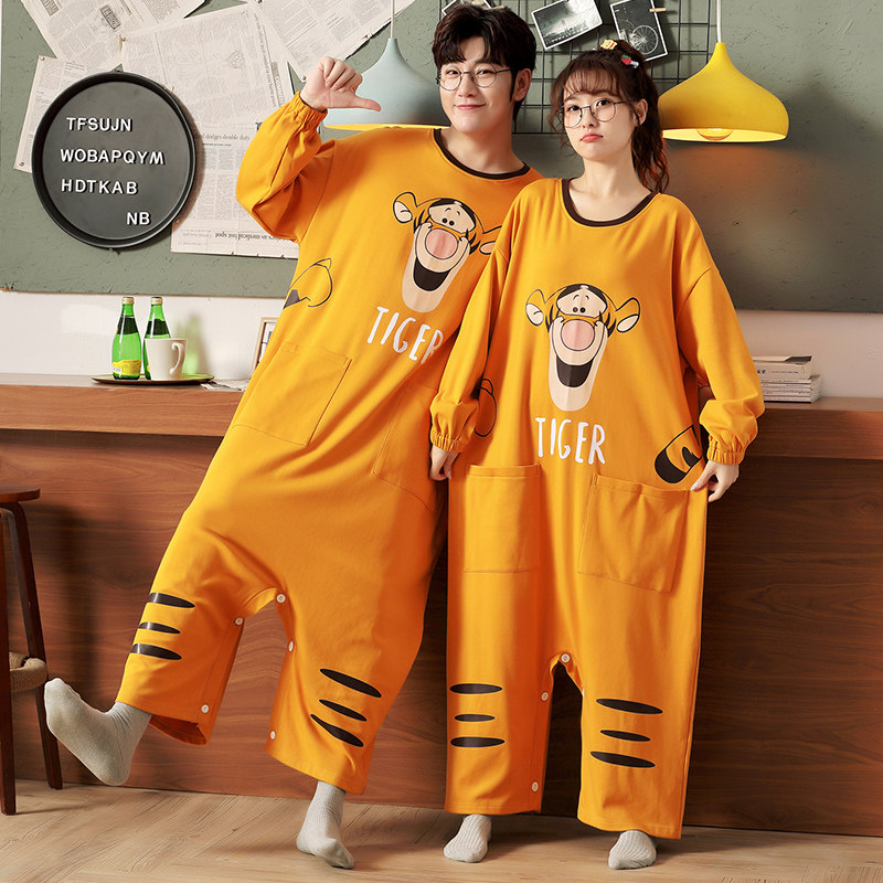 2套价 连体情侣睡衣春秋季纯棉长袖男女士可爱卡通宽松家居服套装
