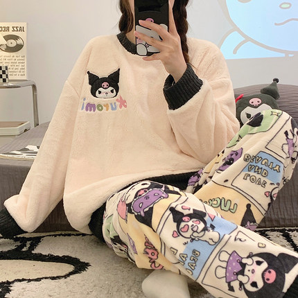 睡衣女冬季珊瑚绒加绒加厚青少年可爱少女学生2024新款家居服套装