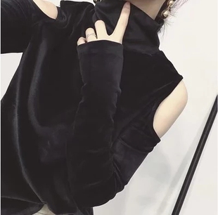 漏肩宽松纯色舒适T恤601 露肩长袖 特价 金丝绒休闲高领套头打底衫